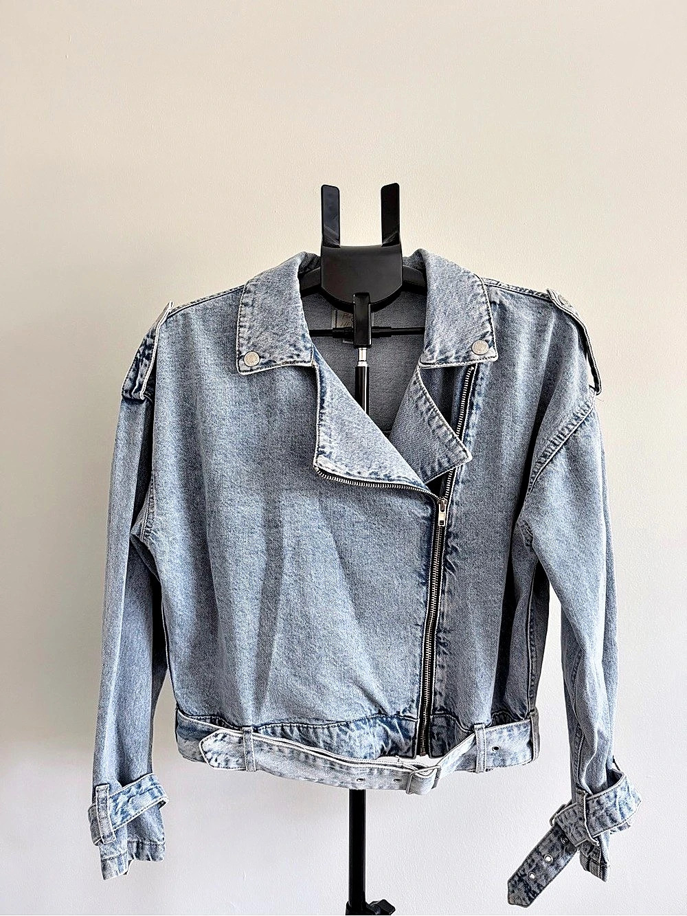 Light Wash Denim Moto Jacket with Belt